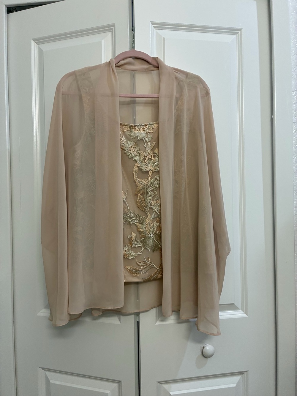 Sheer Embroidered Open Front Women's Sweater - Beige